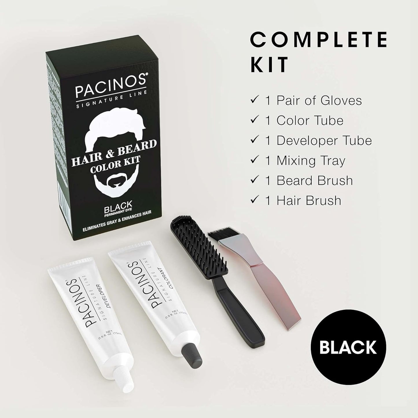Pacinos Hair & Beard Color Kit (Black) - Hair Color For Men, Eliminates Grays in 5 minutes, Easy to Apply Brush-In Formula, Enhances Appearance of Hair for Moustache & Beard