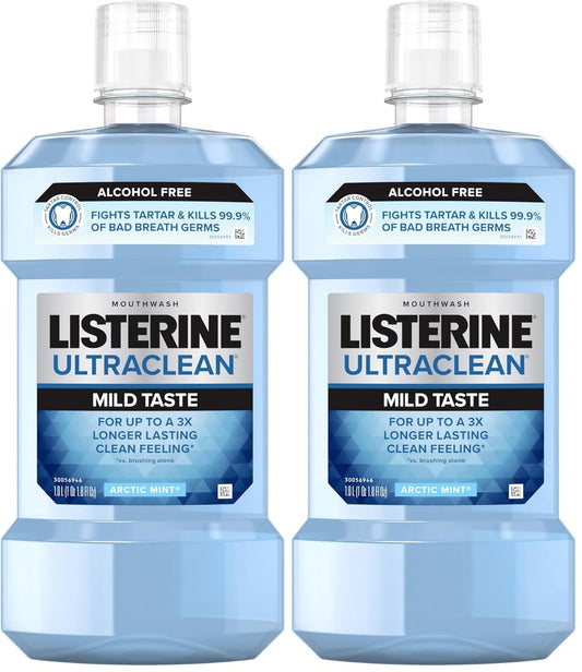 Listerine Ultraclean Alcohol Free Tartar Control Mouthwash, Oral Rinse to Help Fight Bad Breath and Tartar, for Cleaner, Naturally White Teeth, Less Intense Arctic Mint Taste, 1 L (Pack of 2)