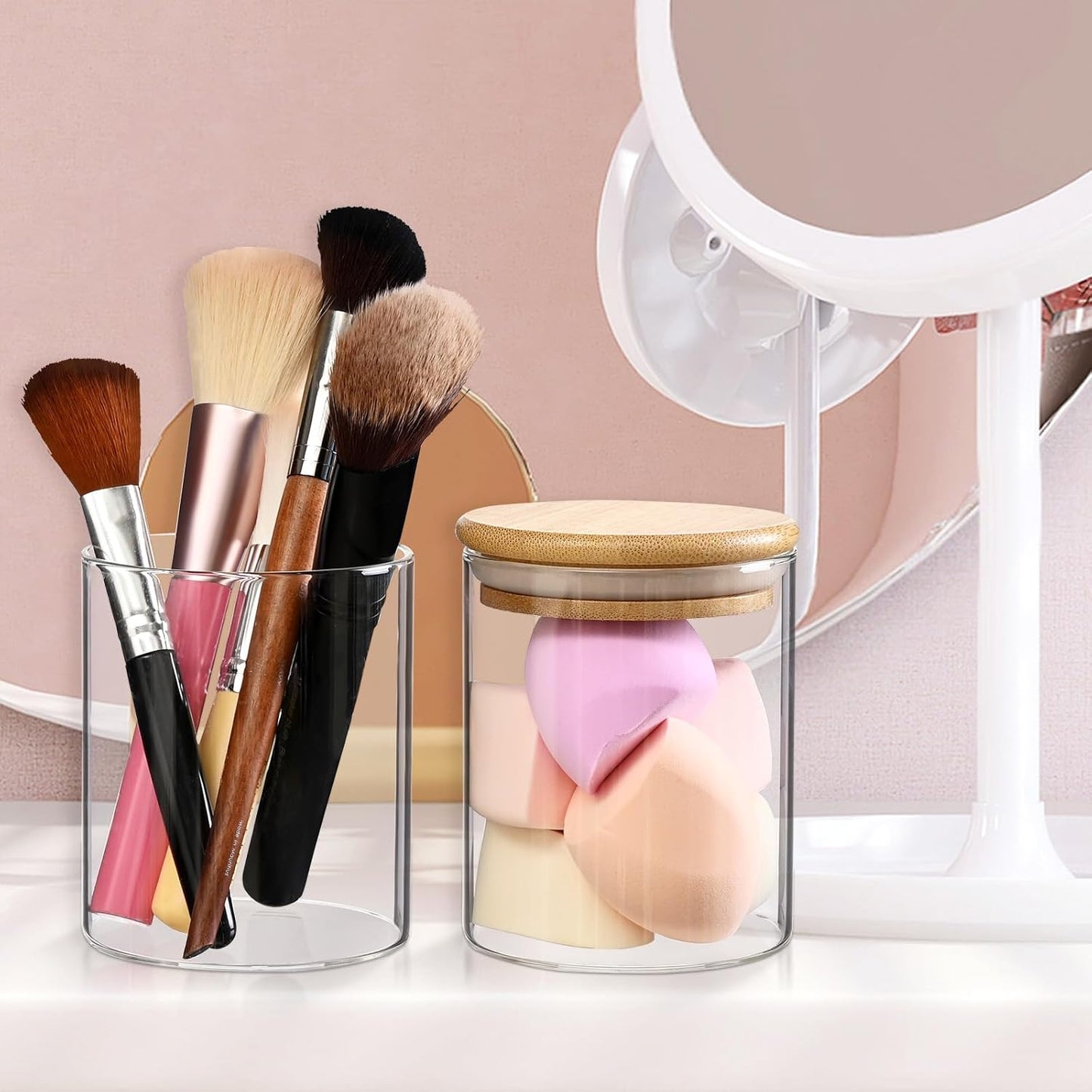 Qtip Holder Dispenser with Bamboo Lid, Glass 2 Pack Apothecary Jars with Lids, Cotton&Swab Apothecary Jars, Qtip Holder Bathroom Set for Countertop Bathroom Essentials Accessories Decor