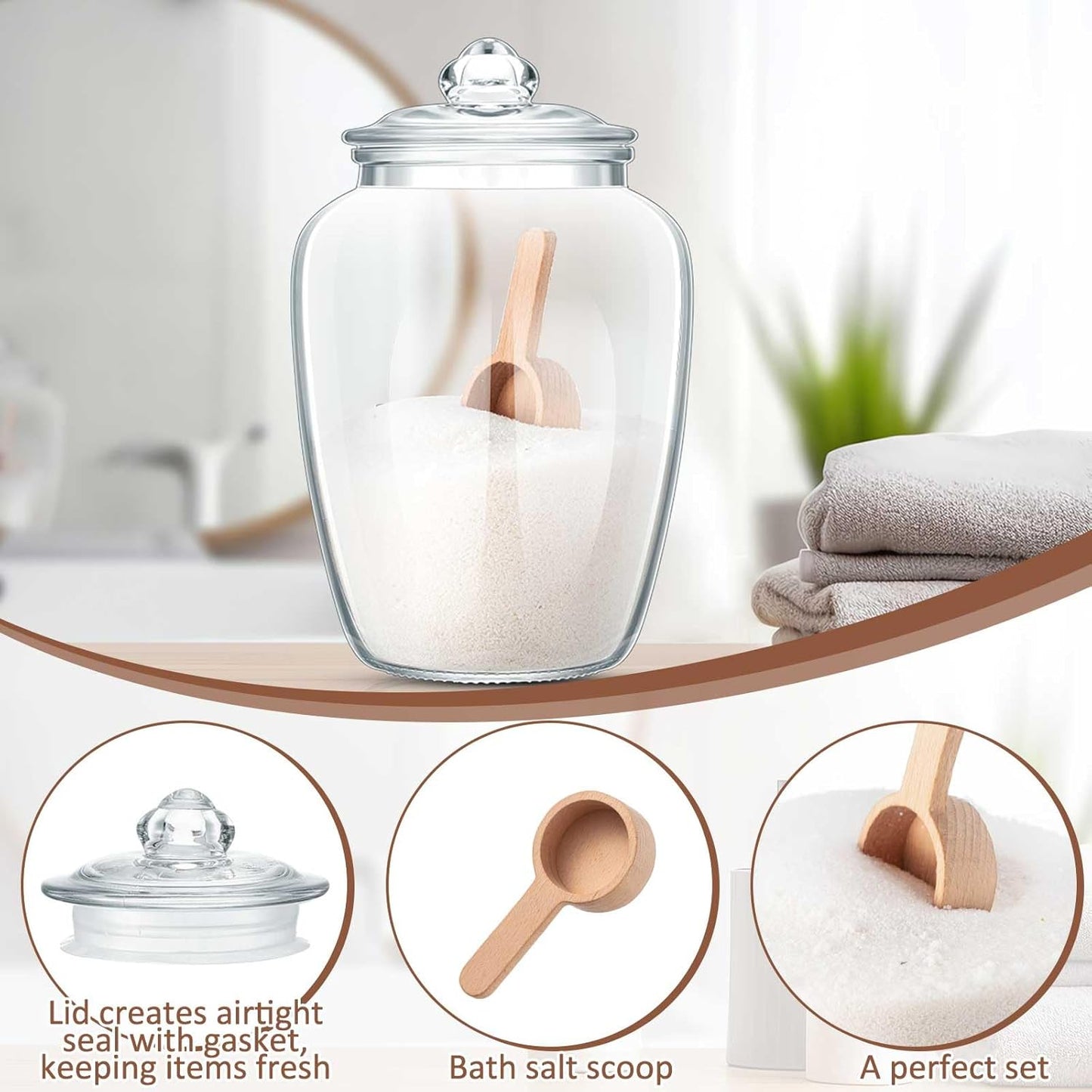 2 Sets 74 oz Bath Salt Container with Airtight Lid and Scoop Big Glass Jar with Wooden Scoop for Bath Flour Salt Candy Tea(Clear)