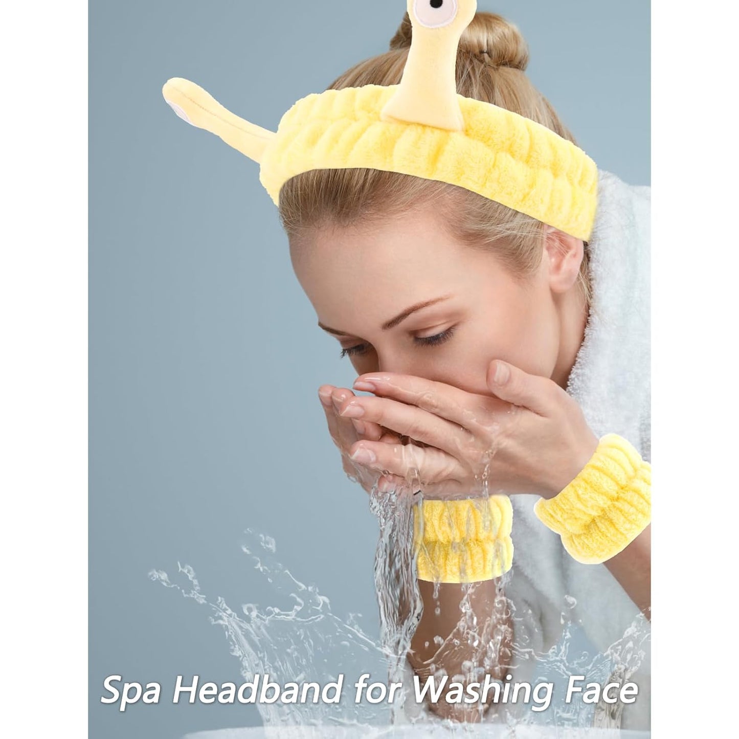 VELSCRUN Spa Headband, Makeup Face Wash Skincare Headbands, 5 Pcs Sponge Get Ready Snail Hairband Facial Wristband Hair Clip Set, Stuff for Teen Girls Women Trendy Hair Accessories Yellow