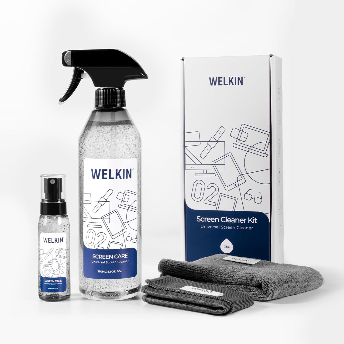 WELKIN Screen Cleaner Spray Kit (550ml + 60ml) - Cleaning Gel for TV, Laptop, Computer, Phone Touchscreen -2 Sprayers,1 Microfiber Cloth & 1 Glass Wipe