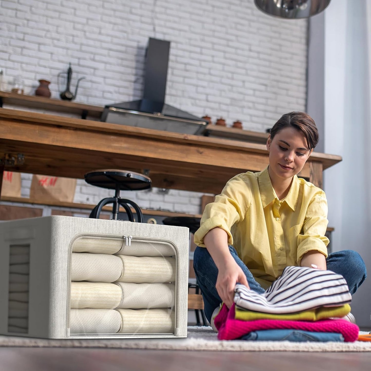 FHSQX 6 Pack Clothes Storage Bins with Metal Frame Foldable Storage Bins for Clothes Linen Fabric Storage Box with Clear Window (Lvory White, 15.7x11.8x11.8inch(36L))