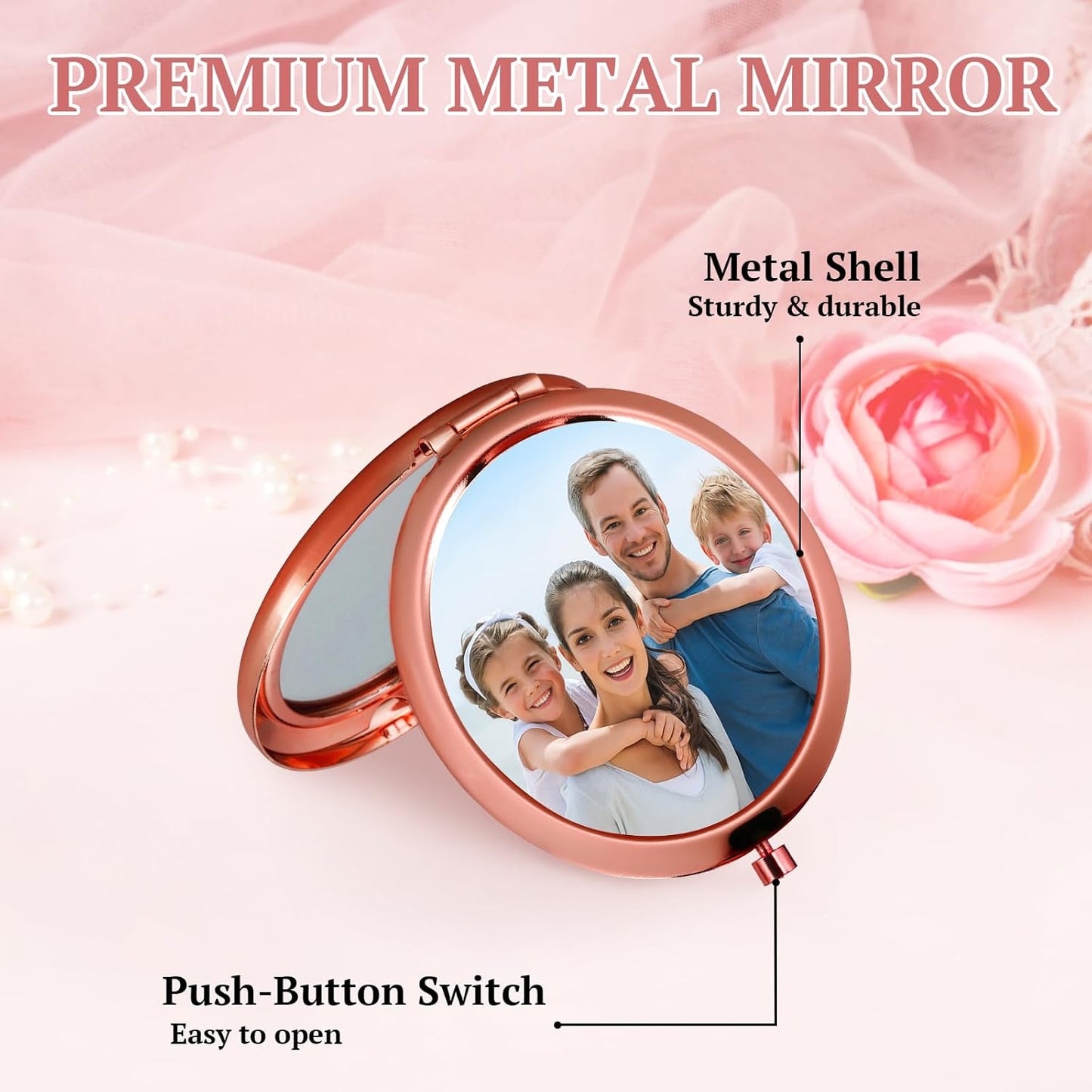 Personalized Compact Mirror with Picture Text, Custom Photo Small Purse Mirror, Double-Sided 1X/2X Magnifying Metal Pocket Makeup Mirrors for Women Mom Wife Sister BFF Wedding Birthday
