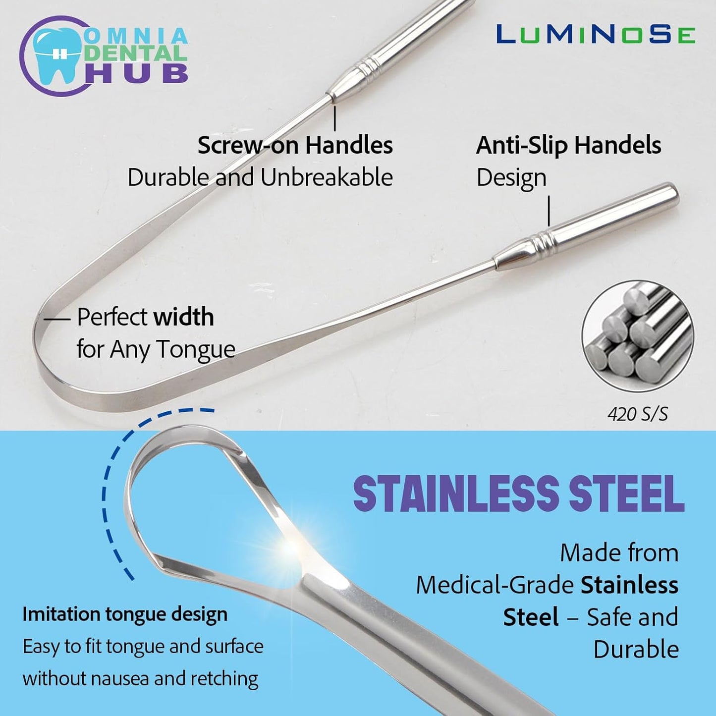 2PCs Medical Grade Tongue Scraper by Omnia One | Stainless Steel Tongue Cleaner, Metal Tongue Scraper with Travel Bag | Tongue Scrubber for Bad Breath, Boost Oral Hygiene