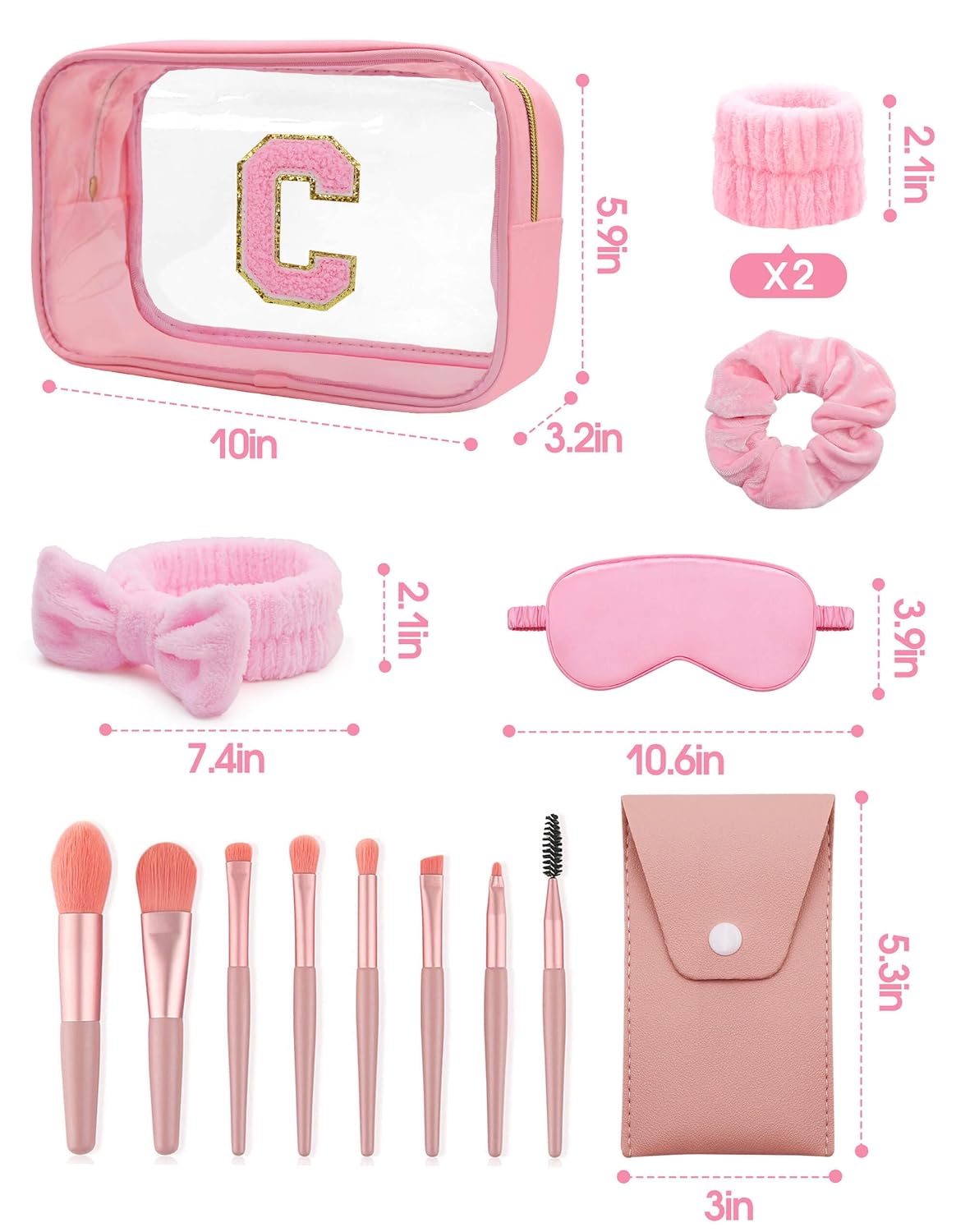 Gift Sets for Women, Initial Makeup Bag with Makeup Brush Set Bachelorette Party Favors, Pink Spa Kit with Skincare Headbands Wrist Bands Sleepover Party Supplies Gifts for Teen Girls Bridesmaid C