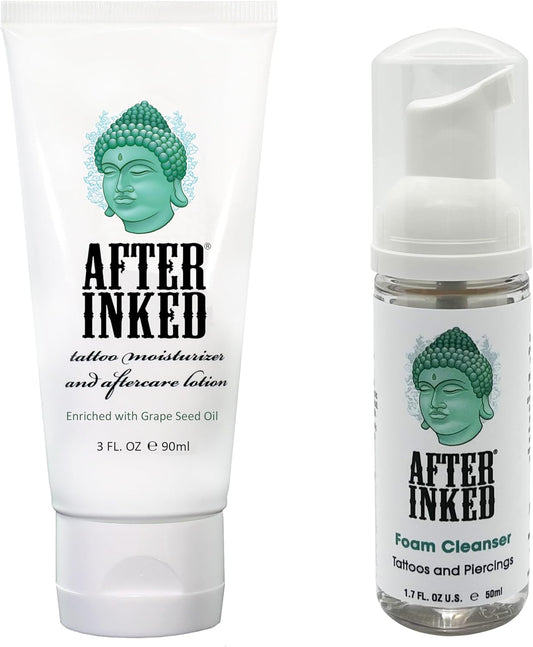 After Inked Tattoo Aftercare Lotion and Foam Cleanser Bundle - with 3oz Tattoo Lotion Aftercare and 1.7oz Tattoo Aftercare Foam Wash, Essential Tattoo Supplies, Premium Skincare Tattoo Aftercare Kit