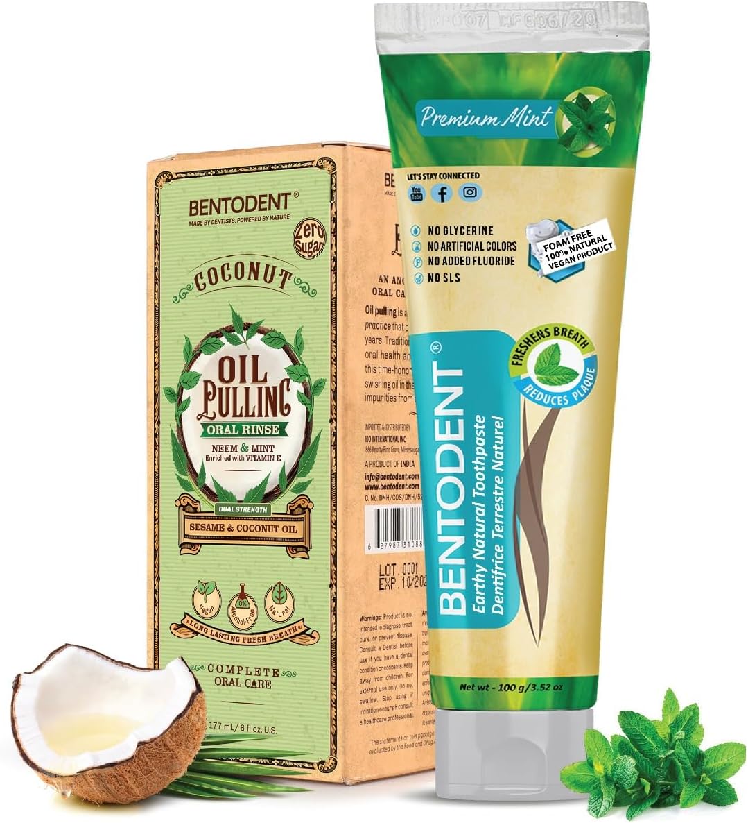 Bentodent Fluoride Free Mineral Toothpaste with Natural bentonite Clay, 100 g and Organic Coconut Sesame Oil Pulling with neem, 177ml for Fresh Breath and Teeth whitening, Vegan