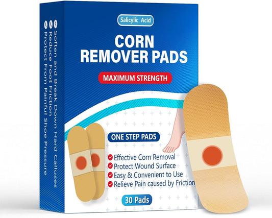 QIYANA Maximum Strength Corn Removers Pads for Feet & Toes - 40% Salicylic Acid Medicated Patches, Breathable All-Day Wear, Fast-Acting Hard Skin Treatment (30 Count)