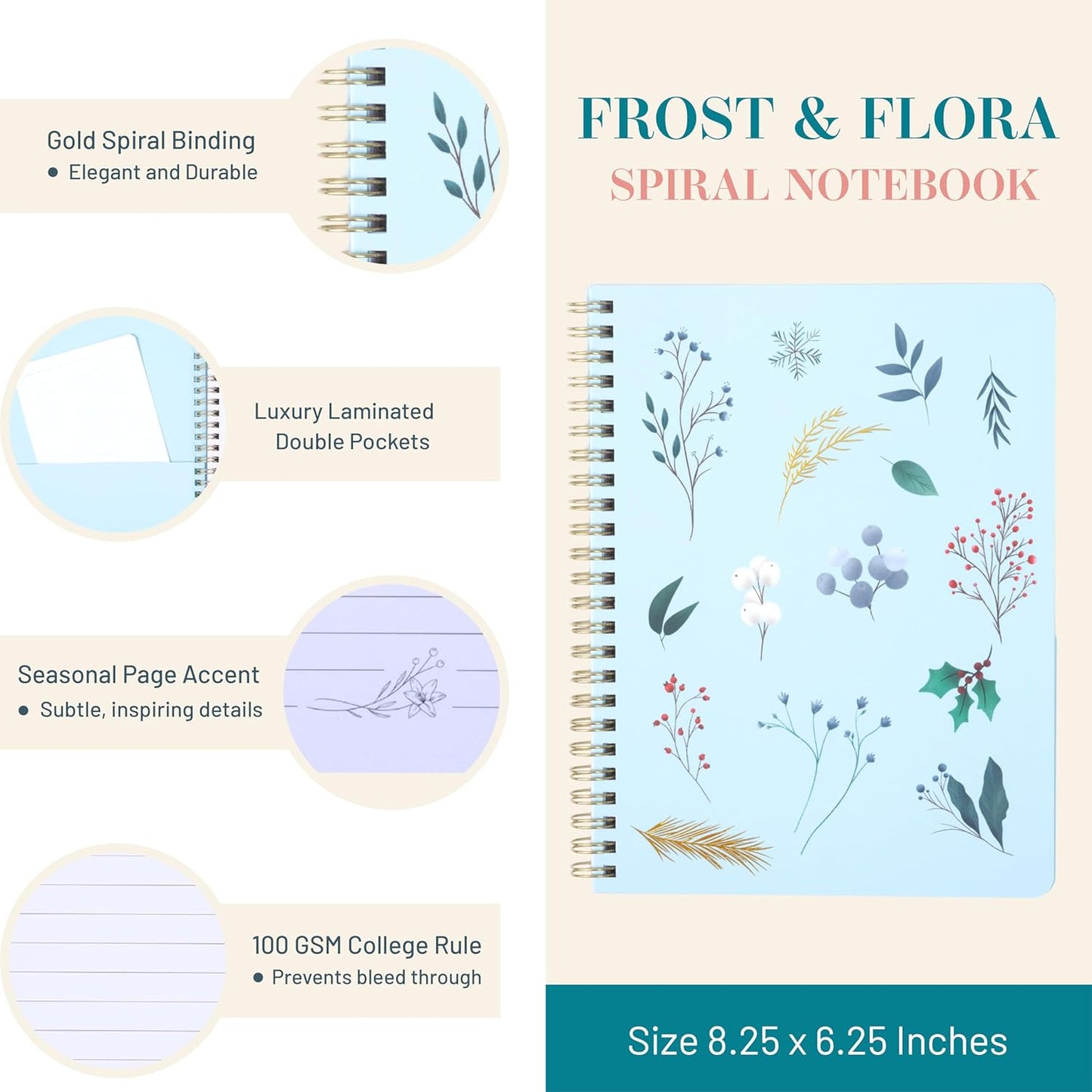 Happy Hoos® Aesthetic Spiral Notebook - 6.25" x 8.25" College Ruled Journal Notebook - Hard Cover Writing Journal for Work, School, Travel, More - Floral Notebook 8 Seasonal Designs (Frost & Flora)