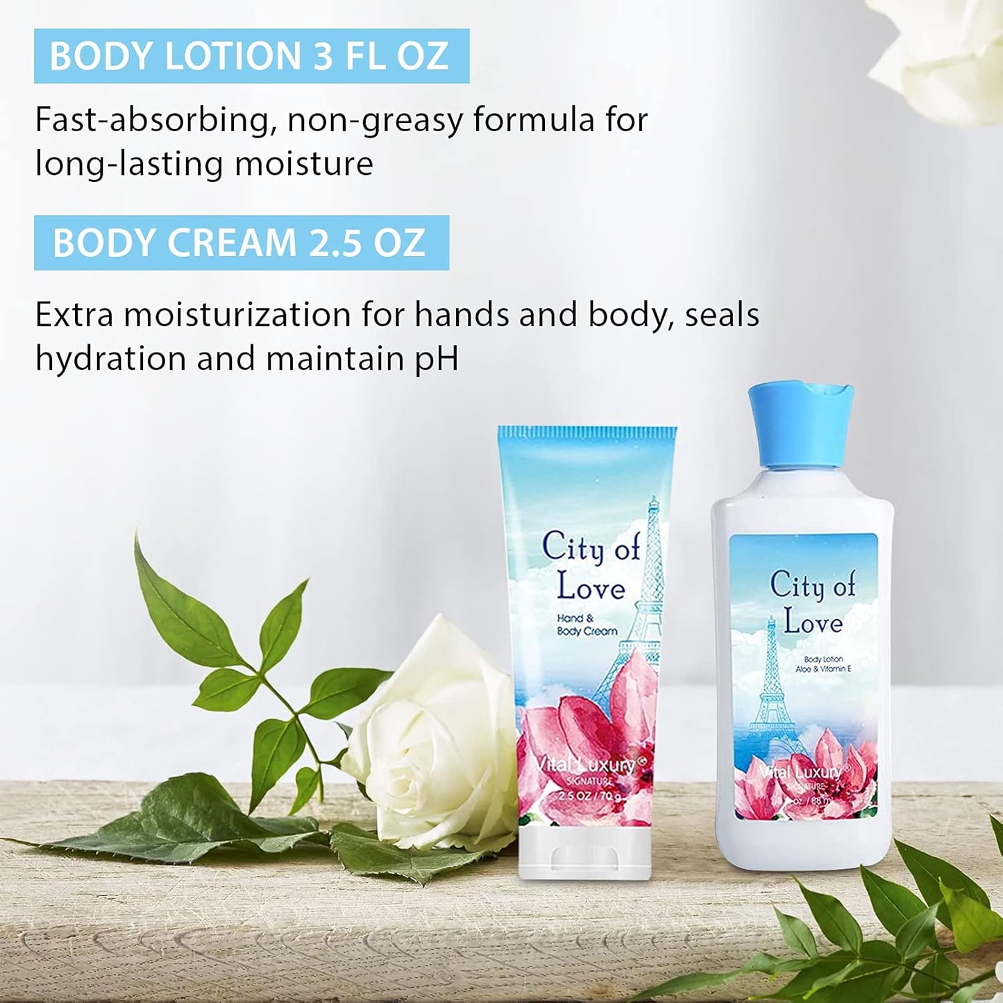 Bath & Body Kit, 3 Fl Oz, Ideal Skincare Gift Home Spa Set, Includes Body Lotion, Shower Gel, Body Cream, and Fragrance Mist, Birthday Mother's Valentine's Day Gifts(City of Love)