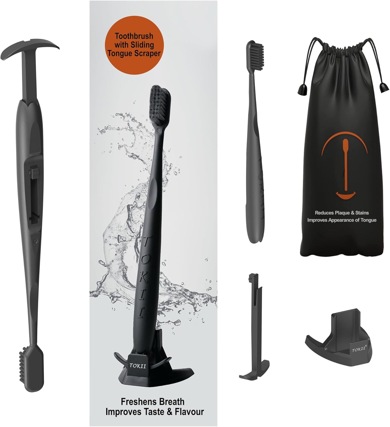 TOKII Tongue Scraper Cleaner Charcoal Bristles Toothbrush for Bad Breath with Waterproof Pouch for Travel, Hygienic Stand and Enviromentally Friendly (Black, Pack of 2)
