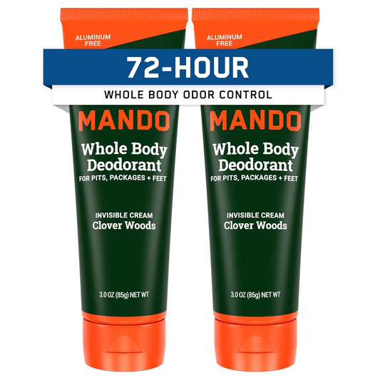 Mando Whole Body Deodorant For Men - Invisible Cream - 72 Hour Odor Control - Aluminum Free, Baking Soda Free, Skin Safe - 3 Ounce Tube (Pack of 2) - Clover Woods