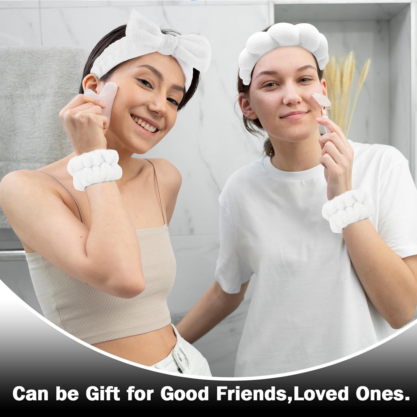 Zkptops 6Pcs Spa Headband for Washing Face Wristbands Set Women Bubble Skincare Makeup Sponge Terry Cloth Padded Puffy Headband Bow Tie Hairband Cute Non Slip Thick Hair Accessory Gifts (White)