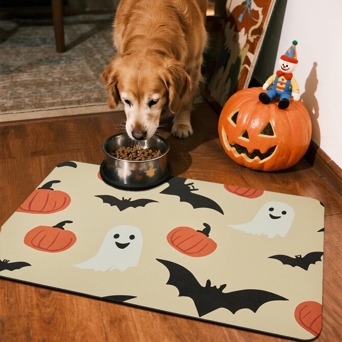 Halloween Bath Mat, Thin Bathroom Rug Non Slip Quick Dry Pumpkin Bath Mat Fits Under Door Thin Floor Mat Halloween Decor, 24''x36'', Pumpkins Bats and Ghost