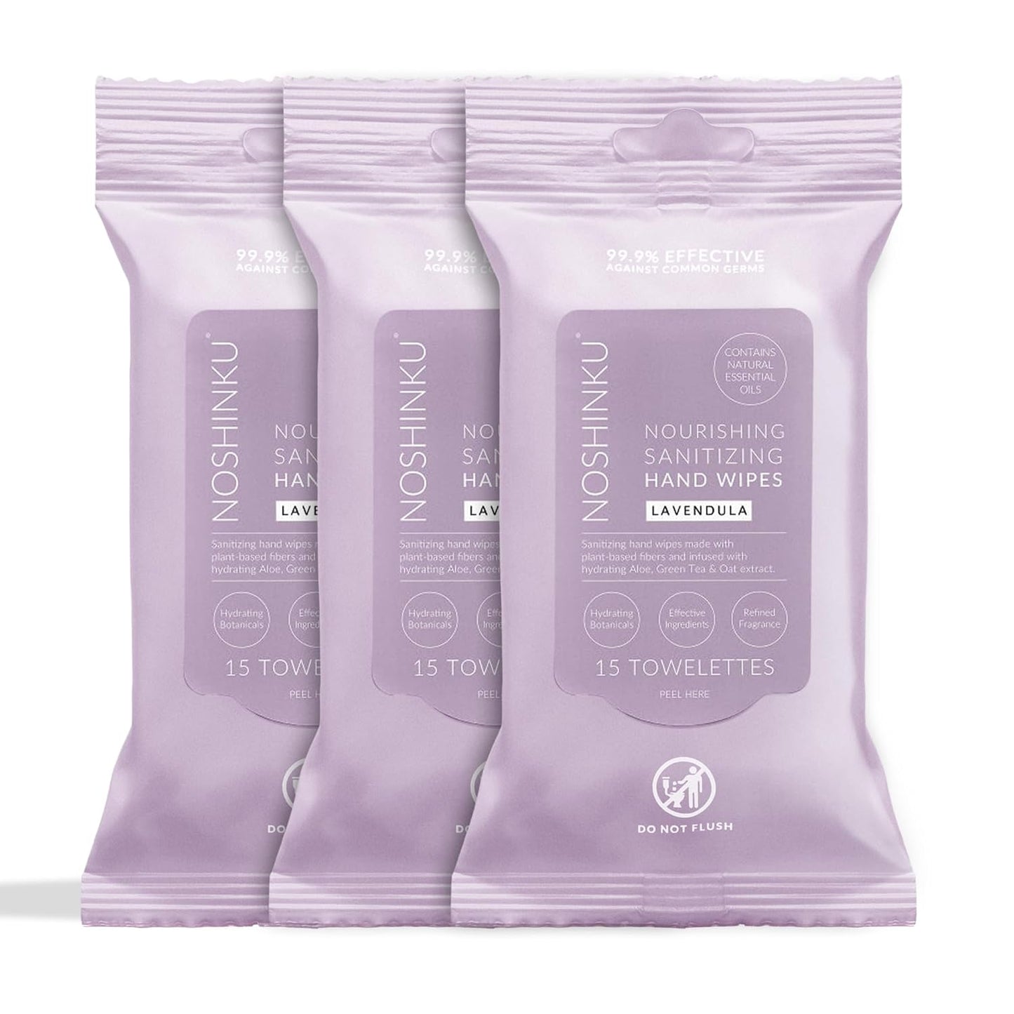 Noshinku – Lavendula Hand Sanitizer Wipes, 3-Pack (45 Towelettes) – Resealable Travel Wipes with Ethyl Alcohol, Aloe & Green Tea, Plant-Based Fiber, Essential Oil Scents, Cruelty-Free & No Dyes