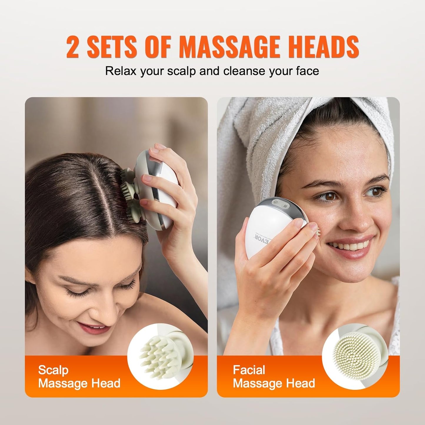 VEVOR Electric Scalp Massager with Heat, Rechargeable Heated Head Massager, IPX7 Waterproof | Portable Kneading Scalp Scratcher with 8 Removable Massage Head for Hair Growth, Deep Clean, Stress Relax