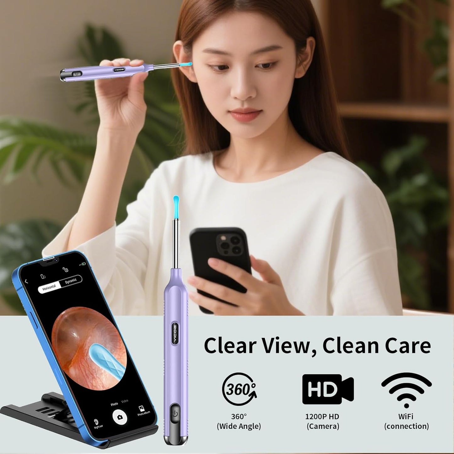 Ear Wax Removal Tool Camera, Ear Cleaner with Camera, 1200P HD Ear Camera with 6 LED Light, Ear Cleaning Kit with 15 Pcs Replacement Tips for iPhone & Android Phones Purple