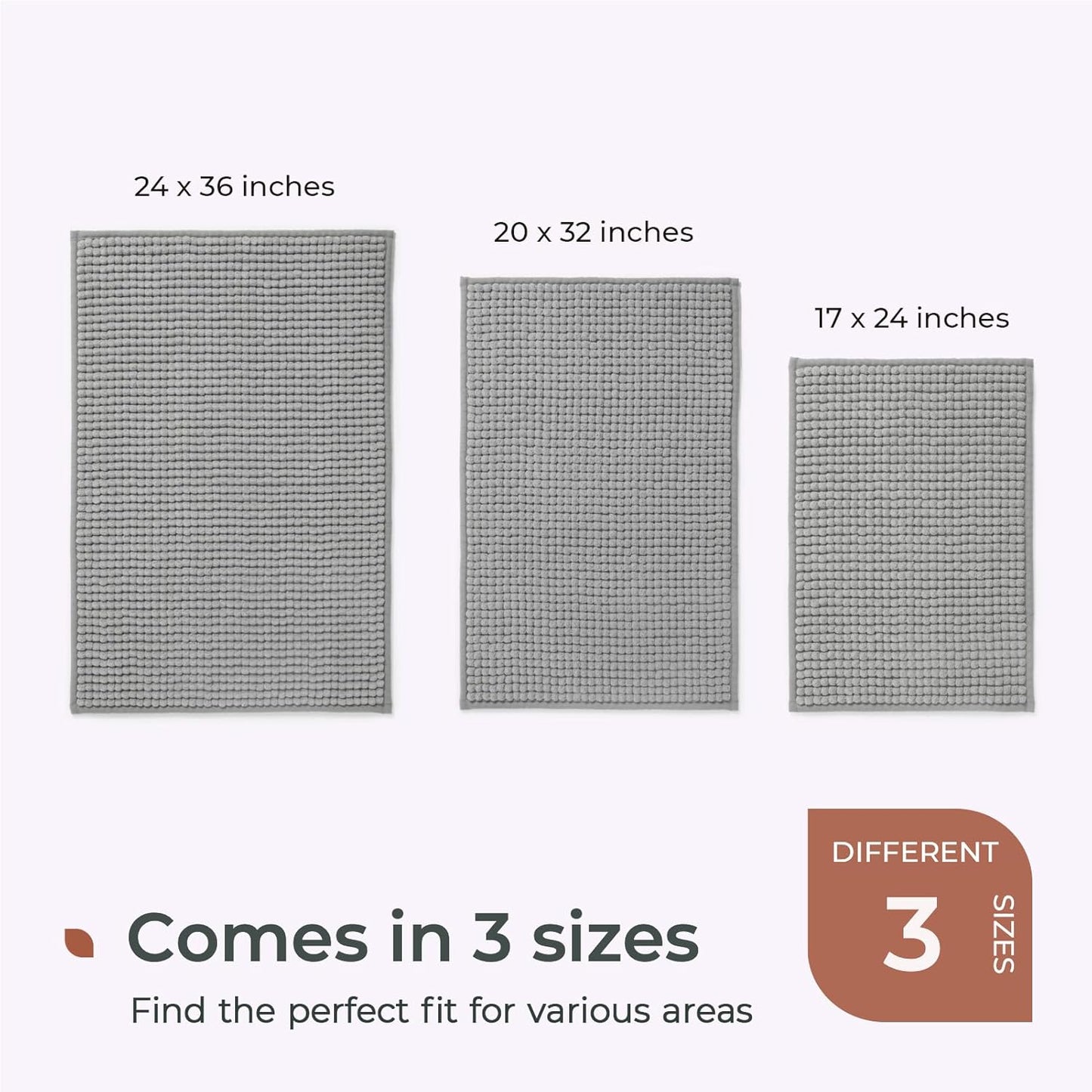 FRESHMINT Thick Chunky Chenille Bath Rugs 20"x32", Non Slip Bath Mat, Soft Bathroom Decor, Cute Shower Mat, Water Absorbent, Washable, Dove Gray