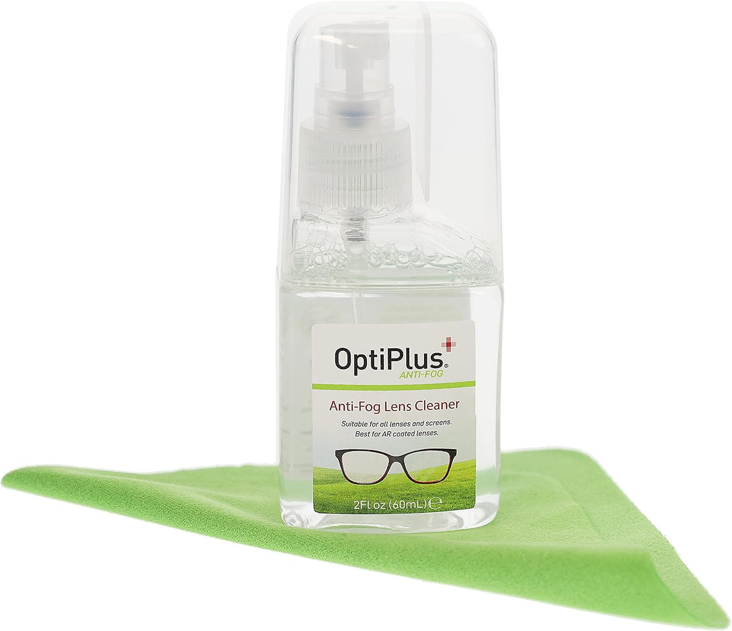 OptiPlus Anti-Fog Lens Cleaning Spray Kit l Cleaning Spray and Microfiber Cloth for Glasses, Laptops Screens, Smart Phones, Optical Lens, Goggles, Watch Screen and More l Defogging and Cleaning l 2oz