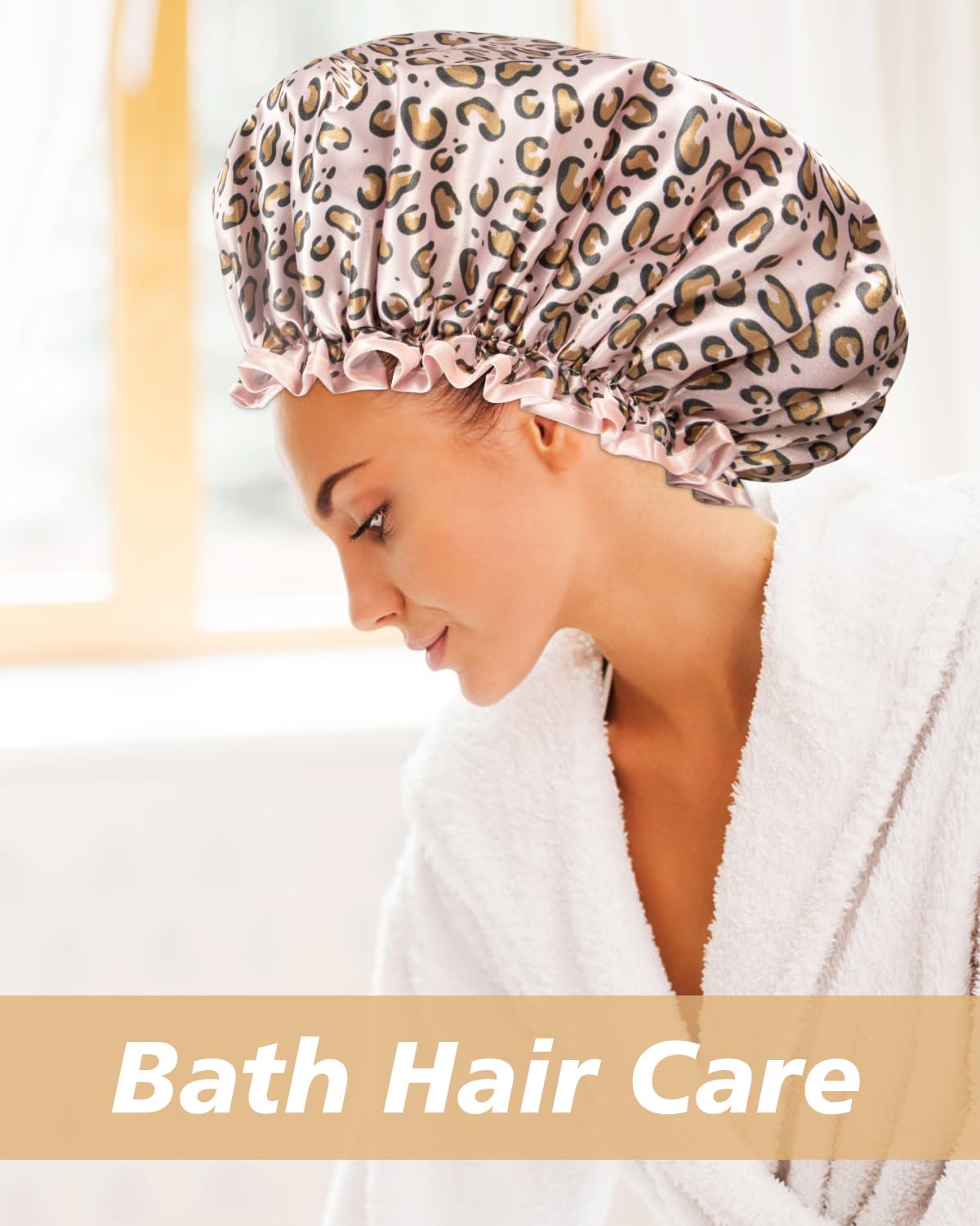 Aquior Shower Cap for Women, Reusable Shower Caps for Womens, Adult Hair Cap for All Hair, Double Waterproof EVA Lining, Leopard Shower Cap for Long Thick Hair