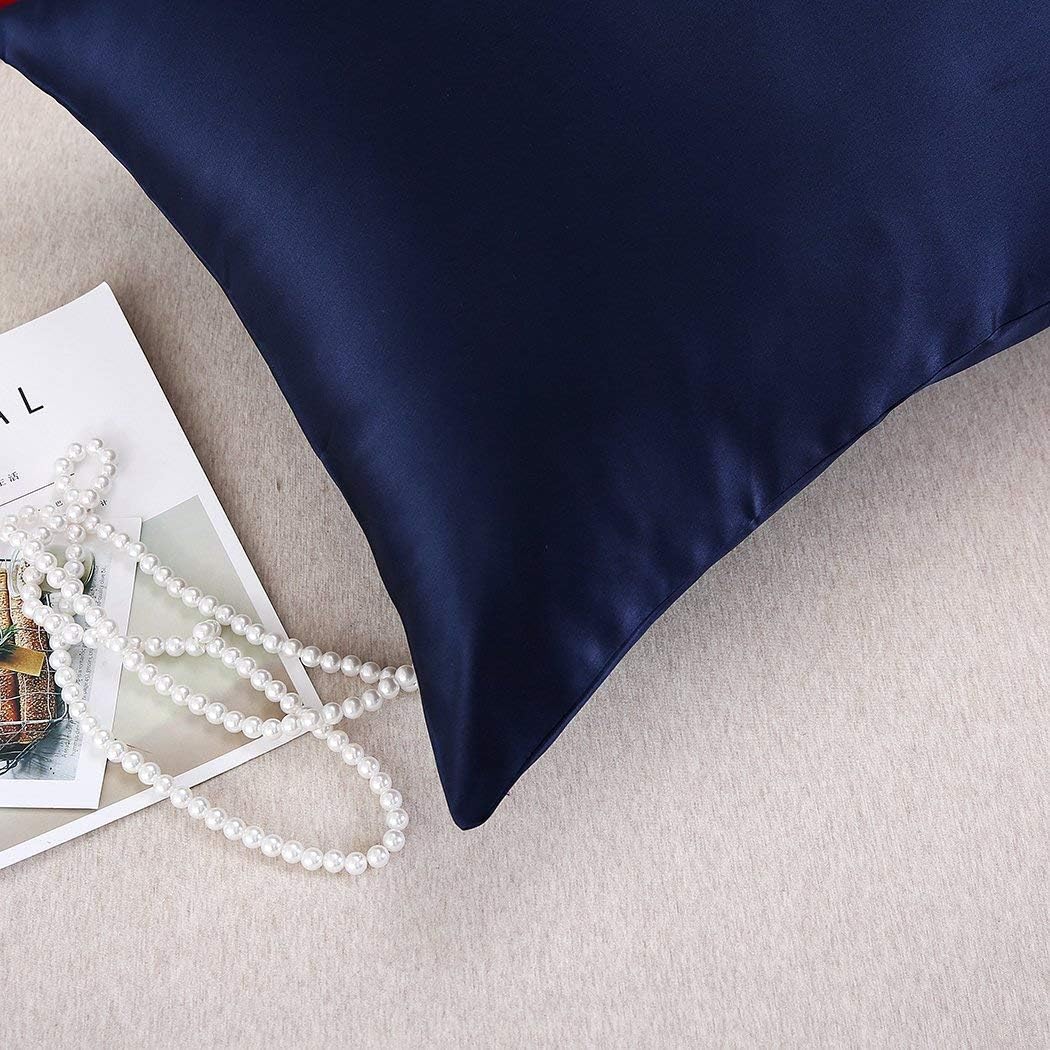 JUWENIN,Luxury Satin Pillowcase with Zipper (Silky Satin Pillow Case for Hair) Set of 2 (Standard, Navy)
