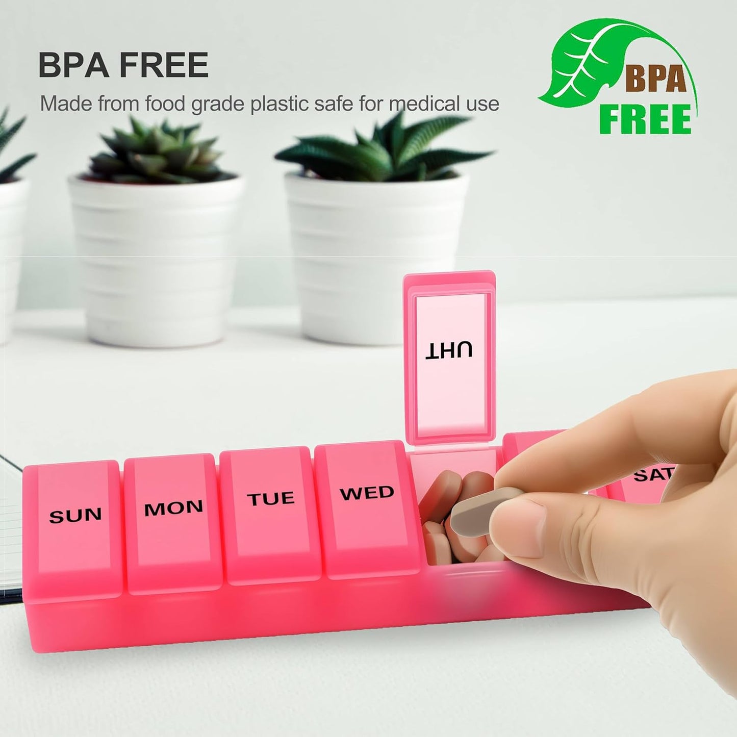 Silicone Weekly Pill Organizer 7 Day, Arthritis-Friendly Medicine Box Daily Pill Box, Large Medicine Case with Shell, Compact Travel Pill Container for Pill, Vitamin, & Fish Oil (Pink)