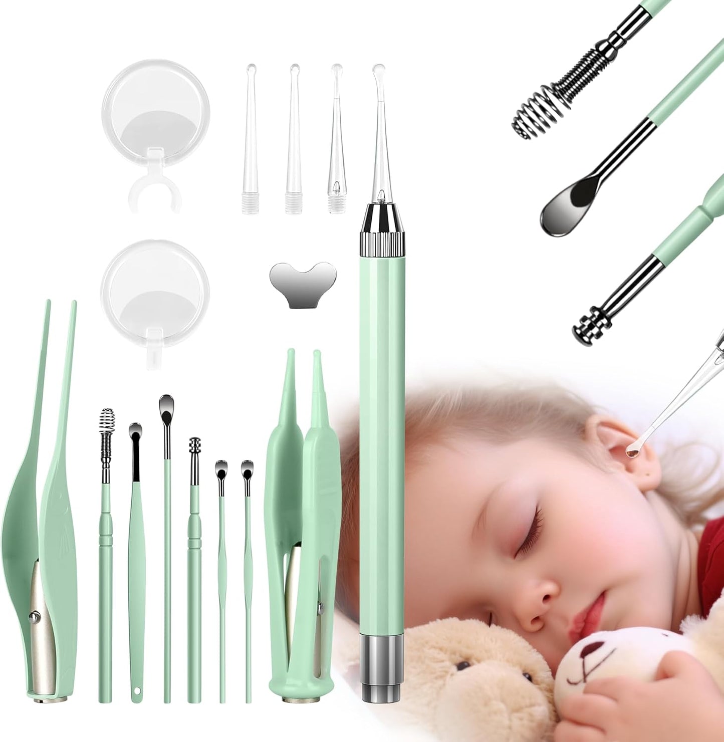 POZILAN Ear Cleaning Kit with LED Light - 15 Pack Ear Wax Removal Kit for Kids and Adults, Earwax Spoon Digger & Tweezers for Ear Cleaning Tool Present Set(Green)