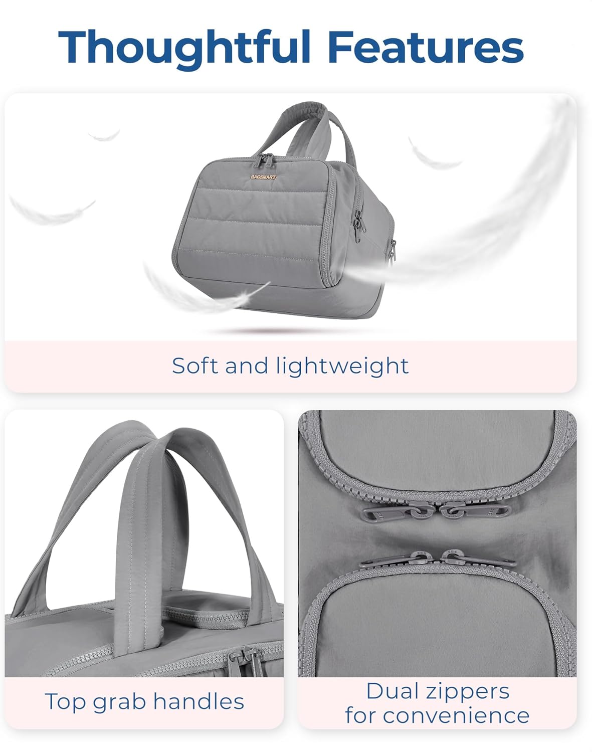 BAGSMART Travel Toiletry Bag, Lightweight Large Wide-open Travel Bag for Women, Puffy Cosmetic Makeup Bag Organizer with Handle for Accessories,Essentials, Toiletries, Grey