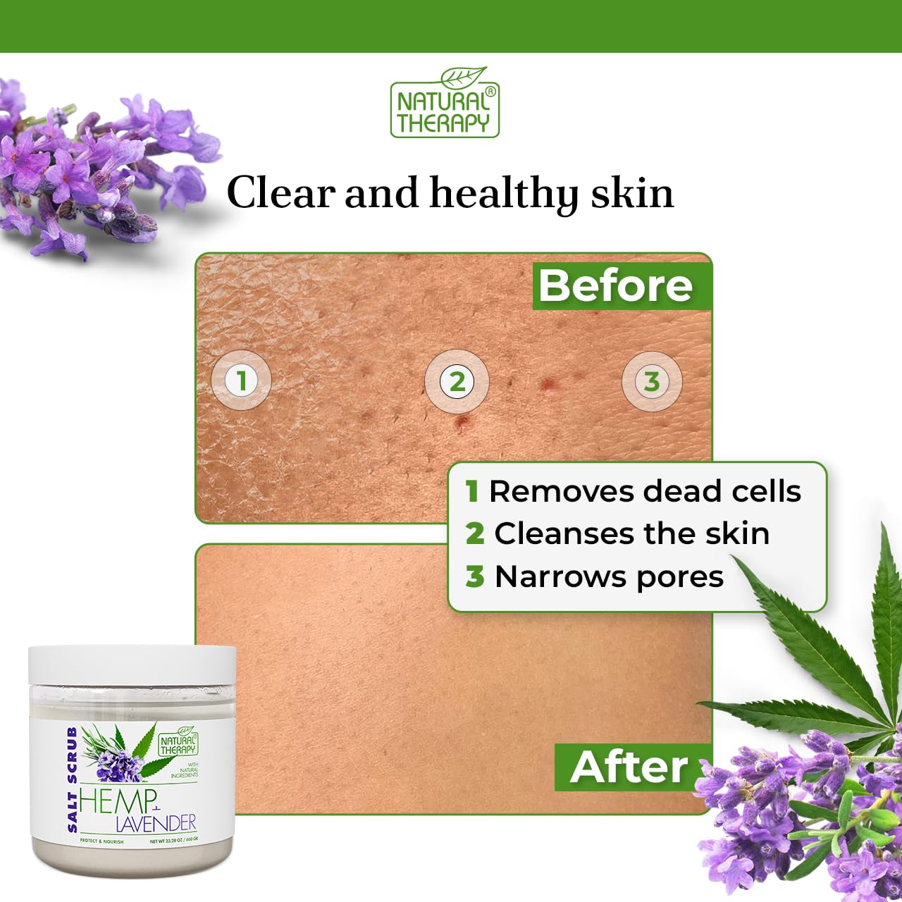 Natural Therapy Hemp & Lavender Salt Scrub – Exfoliating Body Scrub for Women – Moisturizing and Nourishing Skin – with Pure Oils and Dead Sea Minerals (23.28 Oz)