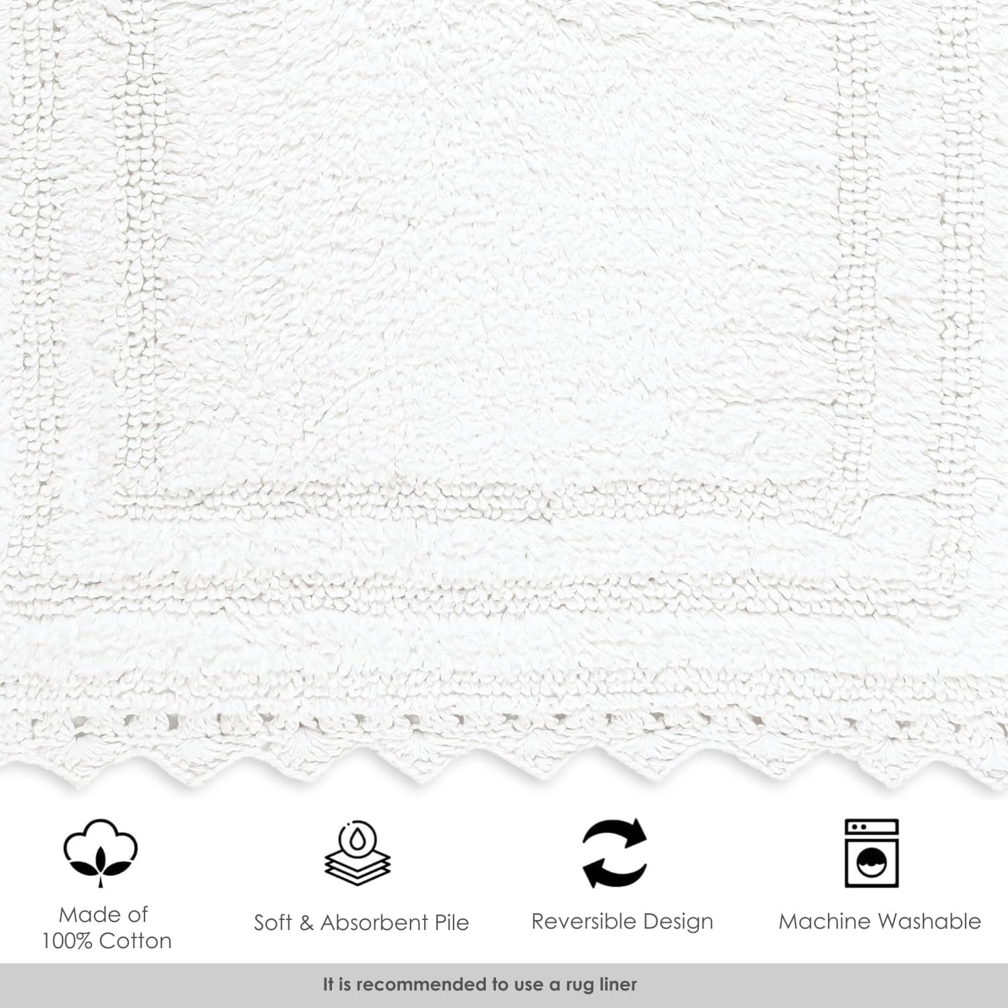 RAJRANG White Cotton Bath Rug 21x34 Inch – Reversible Soft Rectangular Mat with Crochet Border for Bathroom, Kitchen, Entry – Machine Washable & Absorbent