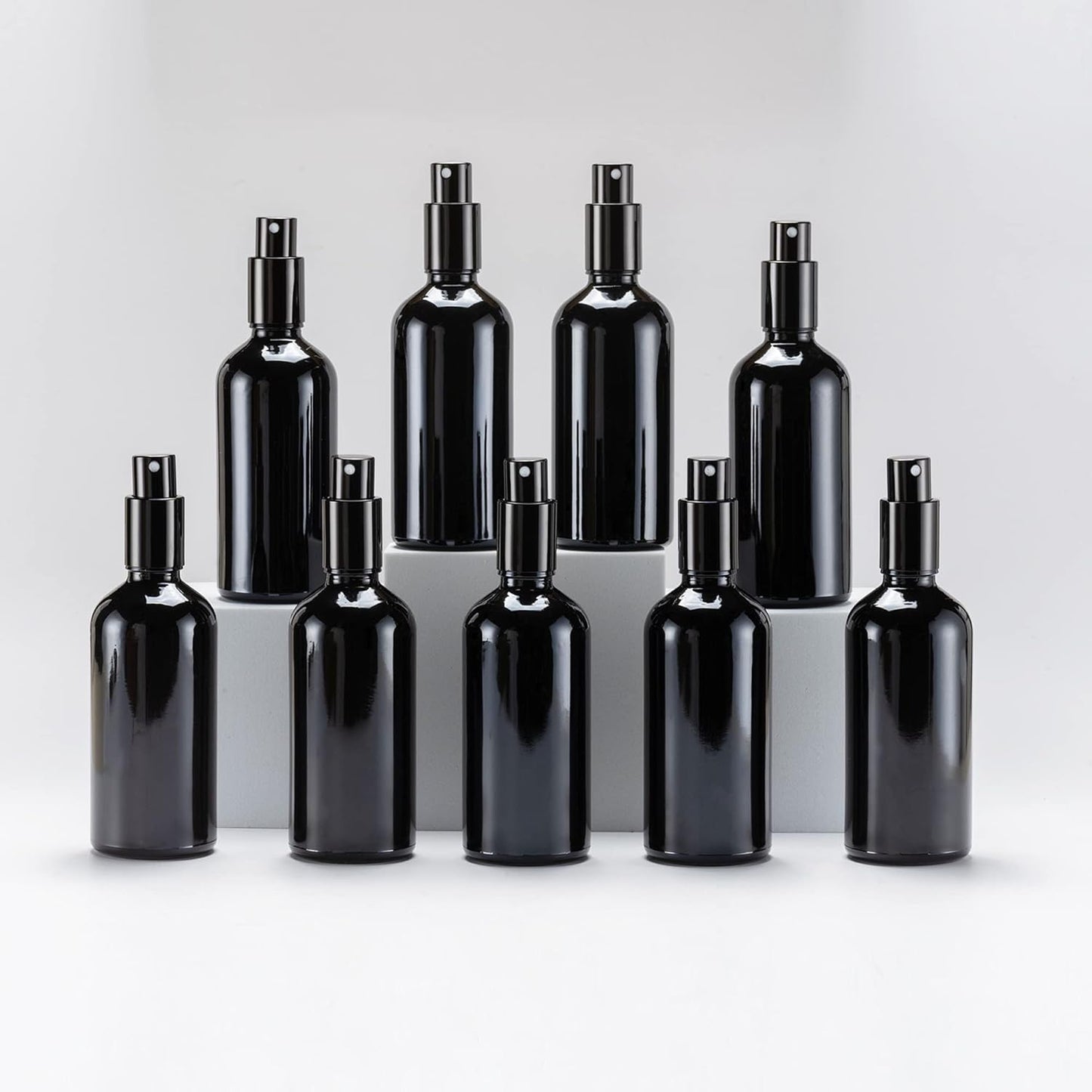 YIZHAO Black Glass Spray Bottles 4oz, with Small Fine Mist Spray, Metal Cap, Refillable for Essential Oil,Travel,Cleaning,Perfume,Aromatherapy,Makeup – 9 Pcs
