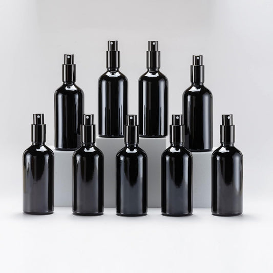 YIZHAO Black Glass Spray Bottles 4oz, with Small Fine Mist Spray, Metal Cap, Refillable for Essential Oil,Travel,Cleaning,Perfume,Aromatherapy,Makeup – 9 Pcs