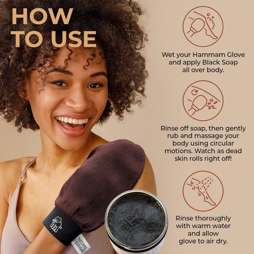 Natural Elephant Exfoliating Hammam Glove | Authentic Moroccan Kessa Body Scrub Mitt for Spa-Quality Skin Renewal | Black & Brown Pack of 2