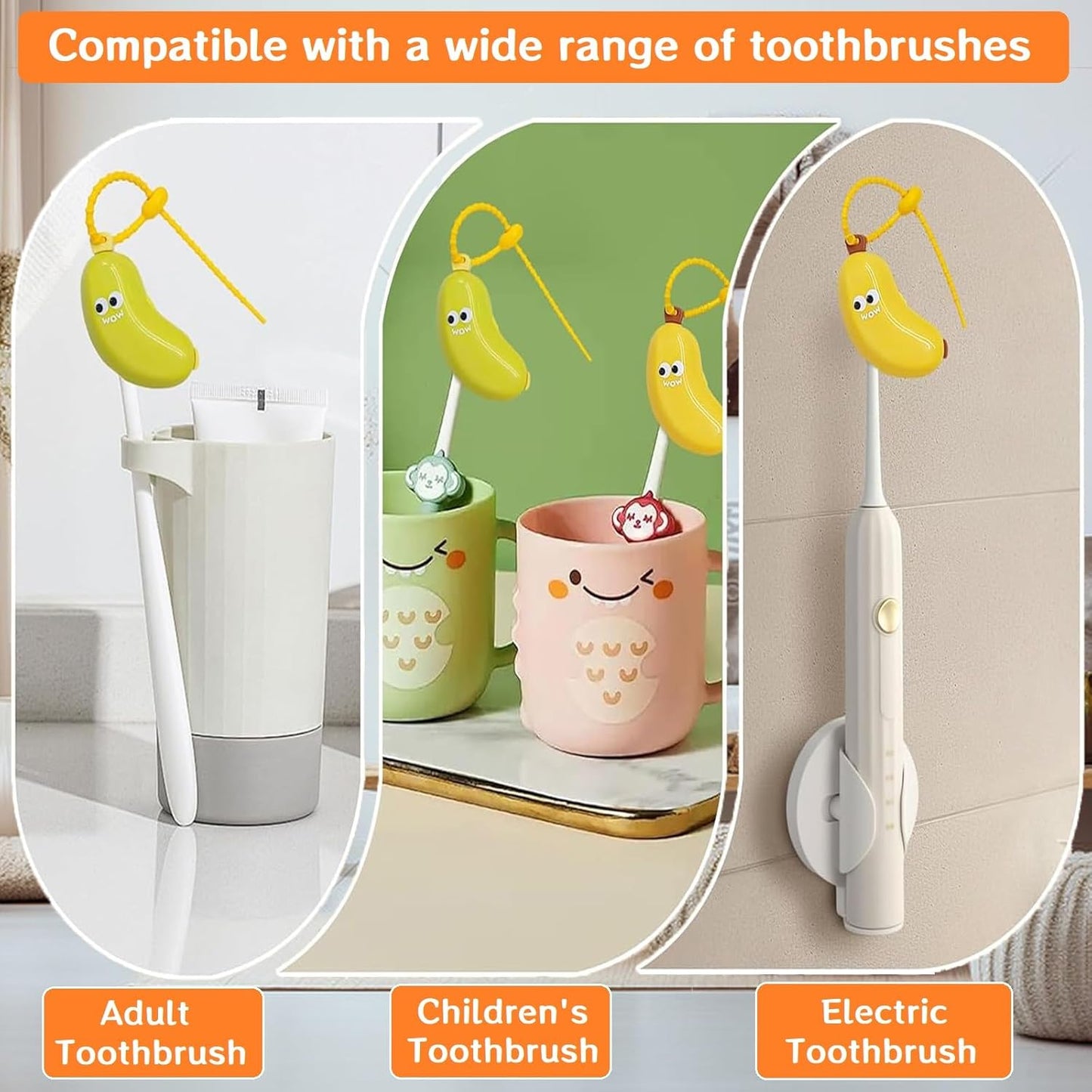 2Pcs 2-in-1 Travel toothbrush holder-Toothbrush covers with Toothpaste case,Portable Reuse Organizer with Banana smile-cute toothbrush cap for Electric&Manual Toothbrush,Ideal for Home&Travel(2,YE&GN)