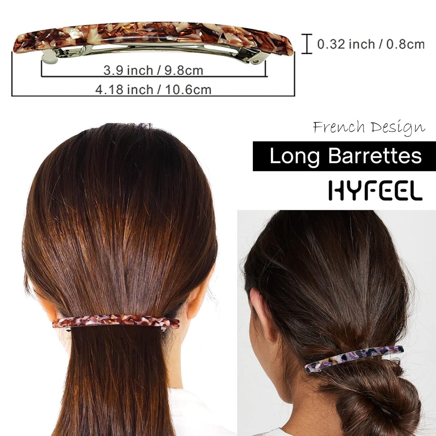 Long French Hair Barrettes 4 Inch Large Hair Clips for Women Thick Hair Automatic Clasp Clamp Pins Resin Nonslip Grip Ponytail Holders, Stylish Hair Accessories 3 Pack (Brown Black Purple)