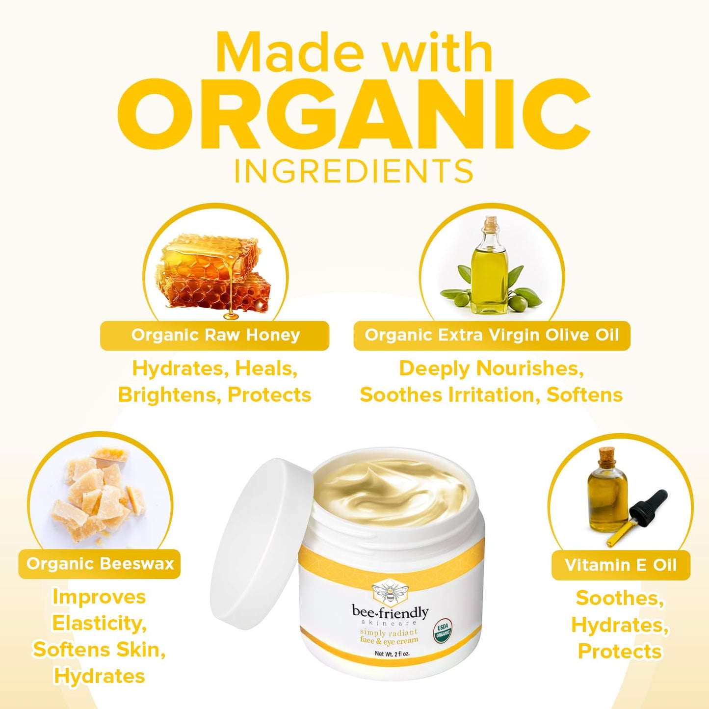 BeeFriendly Organic Face and Eye Cream, USDA Certified Organic Facial Moisturizer, All In One Natural Face, Eye, Neck, Decollete Cream Reduces Wrinkles & Lines, 2 oz