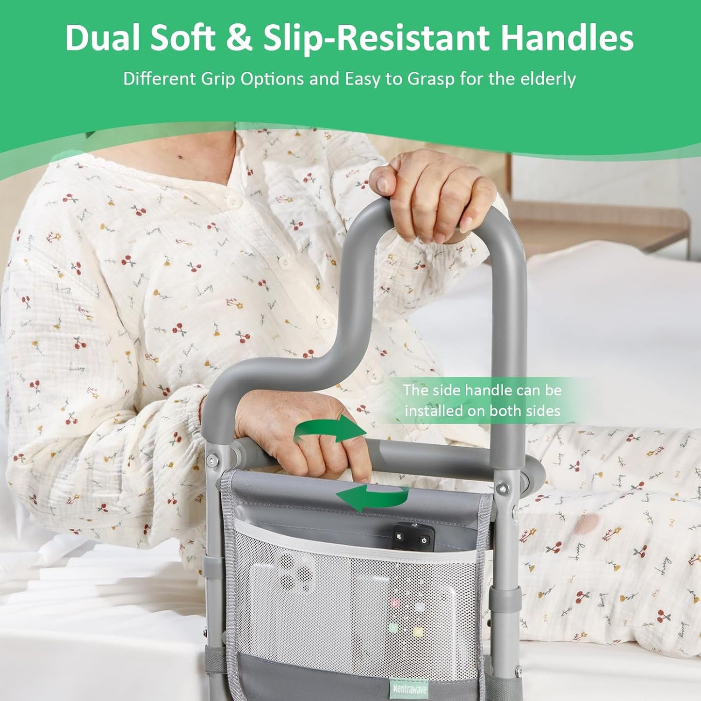 Dual Bar Bed Rail for Elderly Adults Safety with Storage Pocket, Bed Assist Rail for Seniors for Easily Getting in & Out of Bed, Bed Rails Fits King, Queen, Full, Twin Bed - Grey