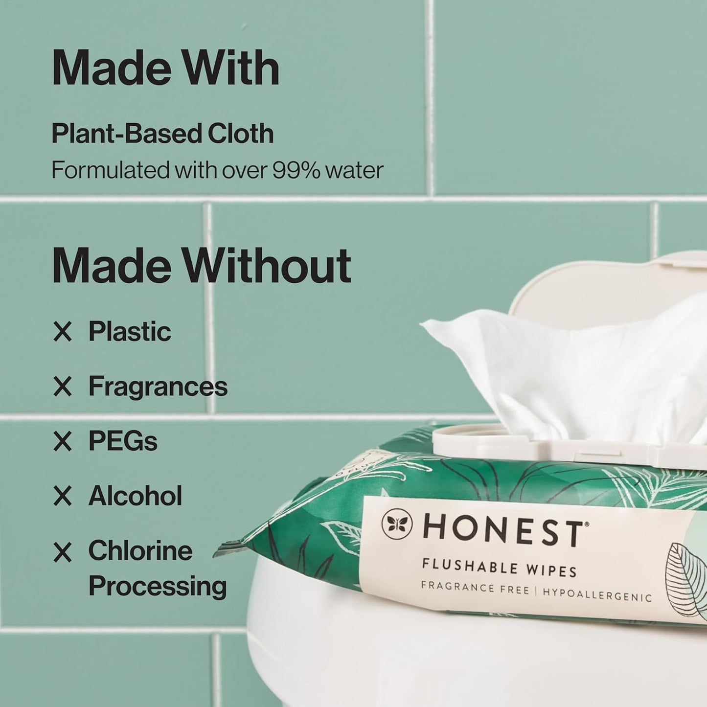 The Honest Company Flushable Wipes for Sensitive Skin | Fragrance Free, Hypoallergenic, 99% Water, Safe to Flush | pH Balanced Feminine Wipes | Tropical Leaves, 42 Count