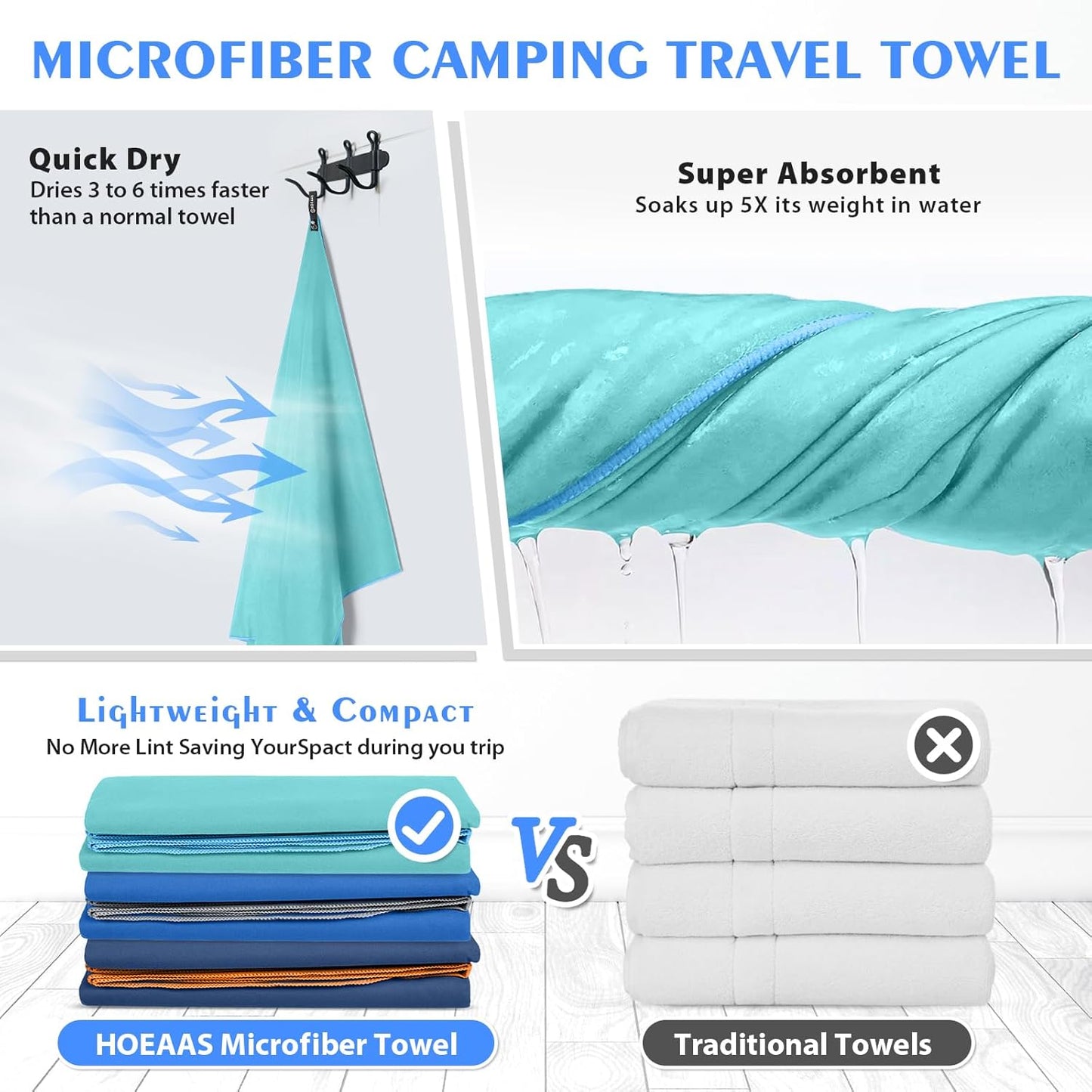 HOEAAS 2 Pack Microfiber Camping Towels, Quick Dry Towel, Super Absorbent Ultra Compact Travel Towel Soft Lightweight Sports Towel for Sweat Fast Drying Towels for Pool,Gym,Hiking,Backpacking,Fitness