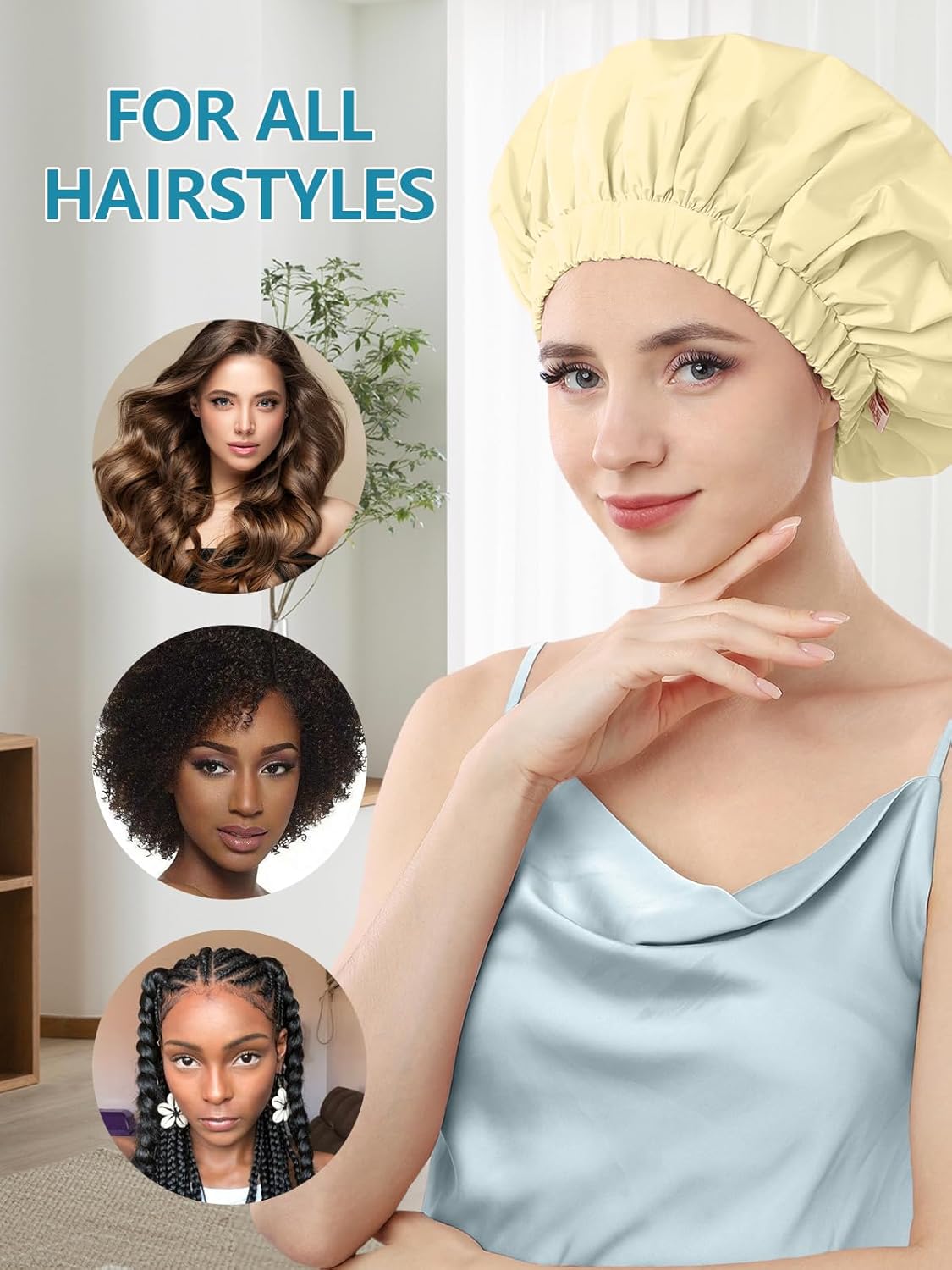 Years calm Reusable Waterproof Shower Caps for Women, Hair Caps for Showers, Double-Layer Elastic Design, for All Hairstyles, Travel-Friendly (Yellow)