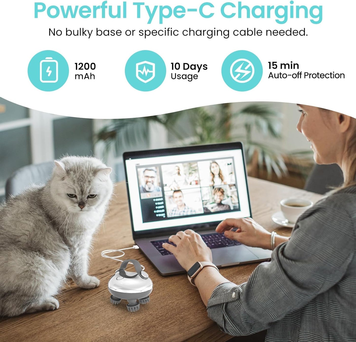 Portable Electric Scalp Massager - Rechargeable IPX7 Waterproof Heated Scalp Massager w/ 100 Kneading Nodes, 3 Speed Modes, 2 Massage Styles, 8 Claws for Scalp/Body Massage & Face Cleaning (Silverďź