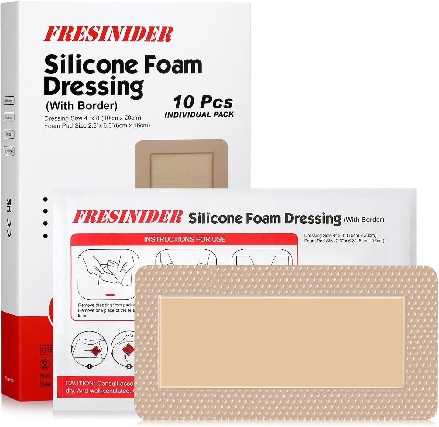 FRESINIDER 4" x 8" Pack of 10 Silicone Foam Wound Dressing - Waterproof Adhesive Bandages with Bordered - Super Absorbent & Breathable for Optimal Wound Care
