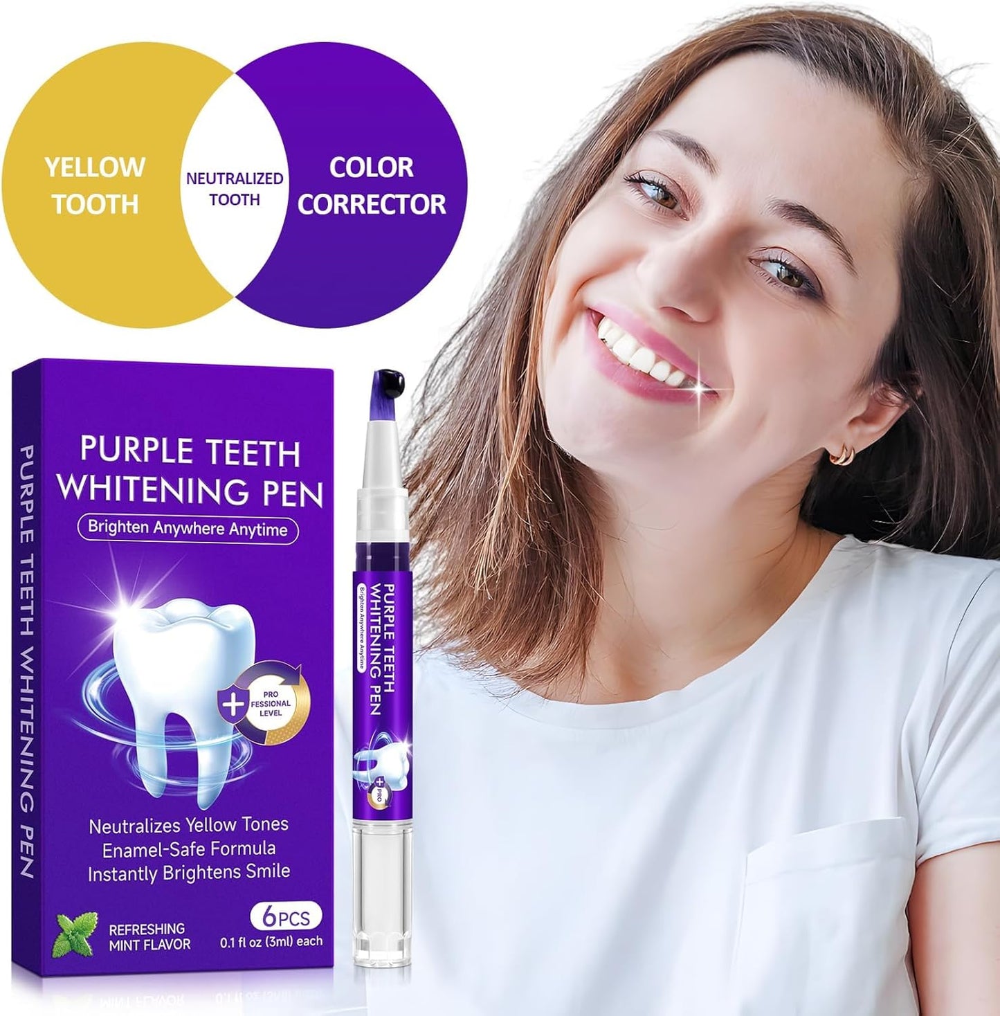 Teeth Whitening Pen 6 Pack, Professional Purple Teeth Whitening Gel for Rapid Stain Removal, No Sensitivity Formula for Sensitive Teeth, Mint Fresh Breath