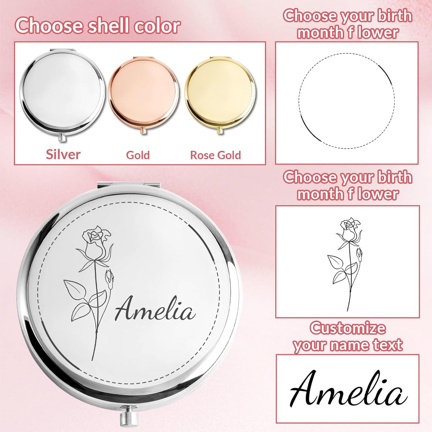 Personalized Compact Mirror – Custom Pocket Mirror with Name, Monogram Travel Purse Mirror for Women, Bridal Shower Favors & Bridesmaid Gifts, Portable Makeup Accessory (Birthday Flowers)