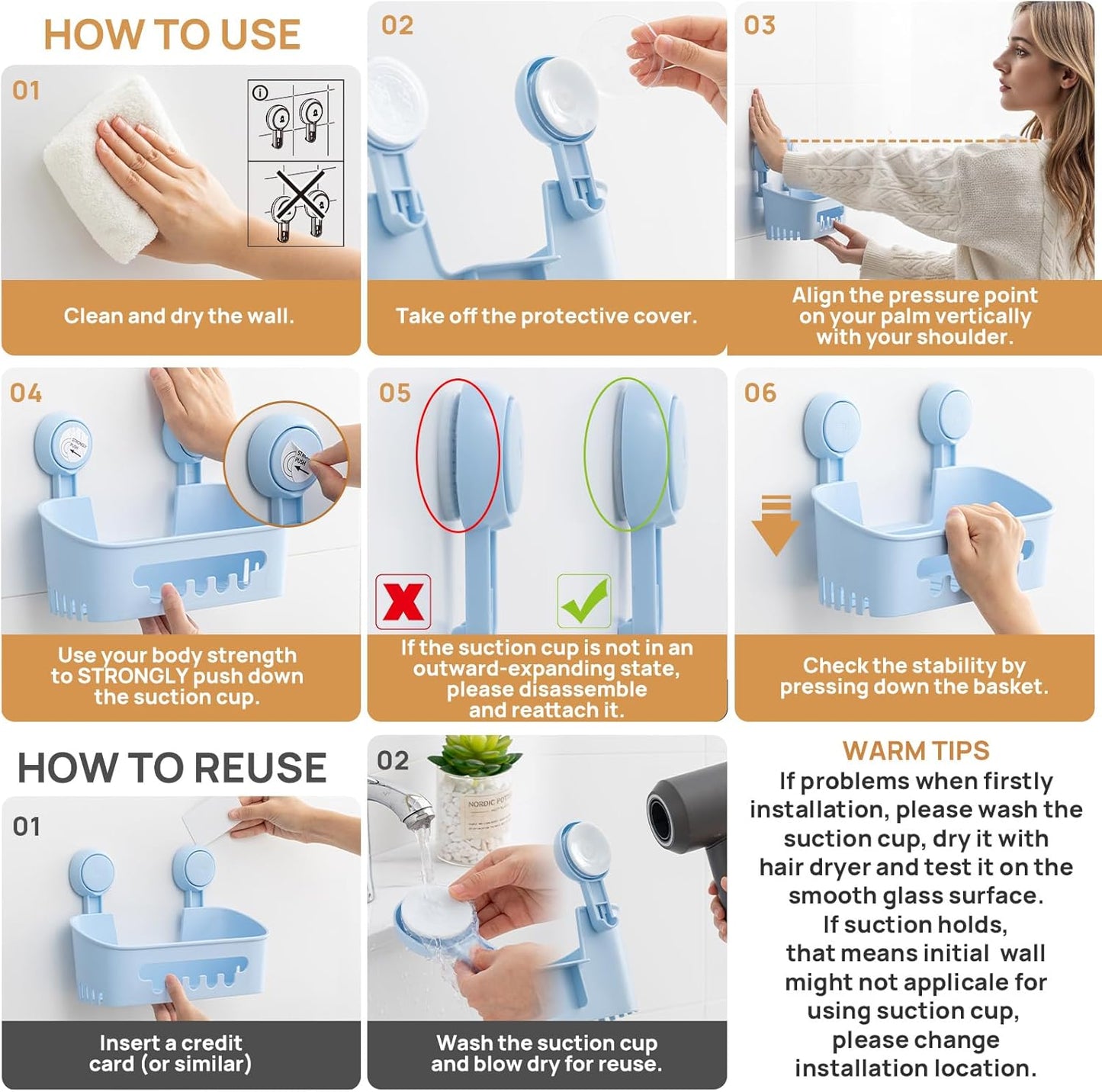 LEVERLOC Shower Caddy Suction Cup Set Shower Organizer & Soap Holder & Toothbrush Holder, Bathroom Shelf Basket NO-Drilling, Removable Suction Storage Waterproof Bathroom Caddy, Blue