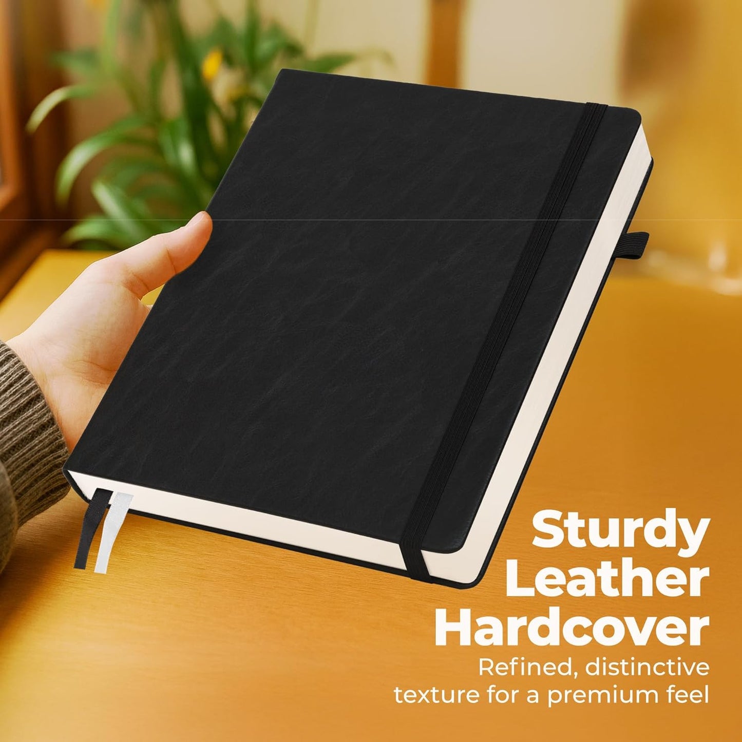 Thick Lined Journal Notebook 8.5x11" with Big A4 Hardcover Leather - Black - 300 Pages College Ruled Large with Sticky Tabs, Pockets, & Pen Loop for Writing and Journaling - Hard Cover Fancy Notebook