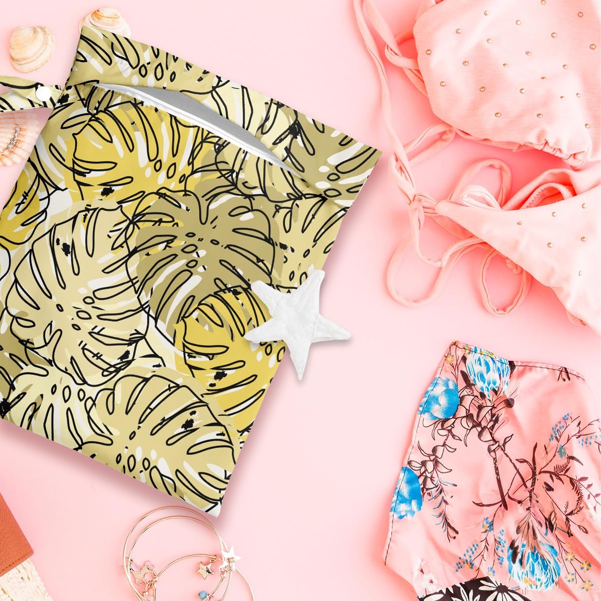 Wet Bag, Wet Dry Bag, Wet Bag for Swimsuit, Travel, Beach, Pool, Diapers, Dirty Yoga Gym Clothes, Makeup Bag, Waterproof Tropical Palm Leaves Decor Jungle Palm Leaf Favors