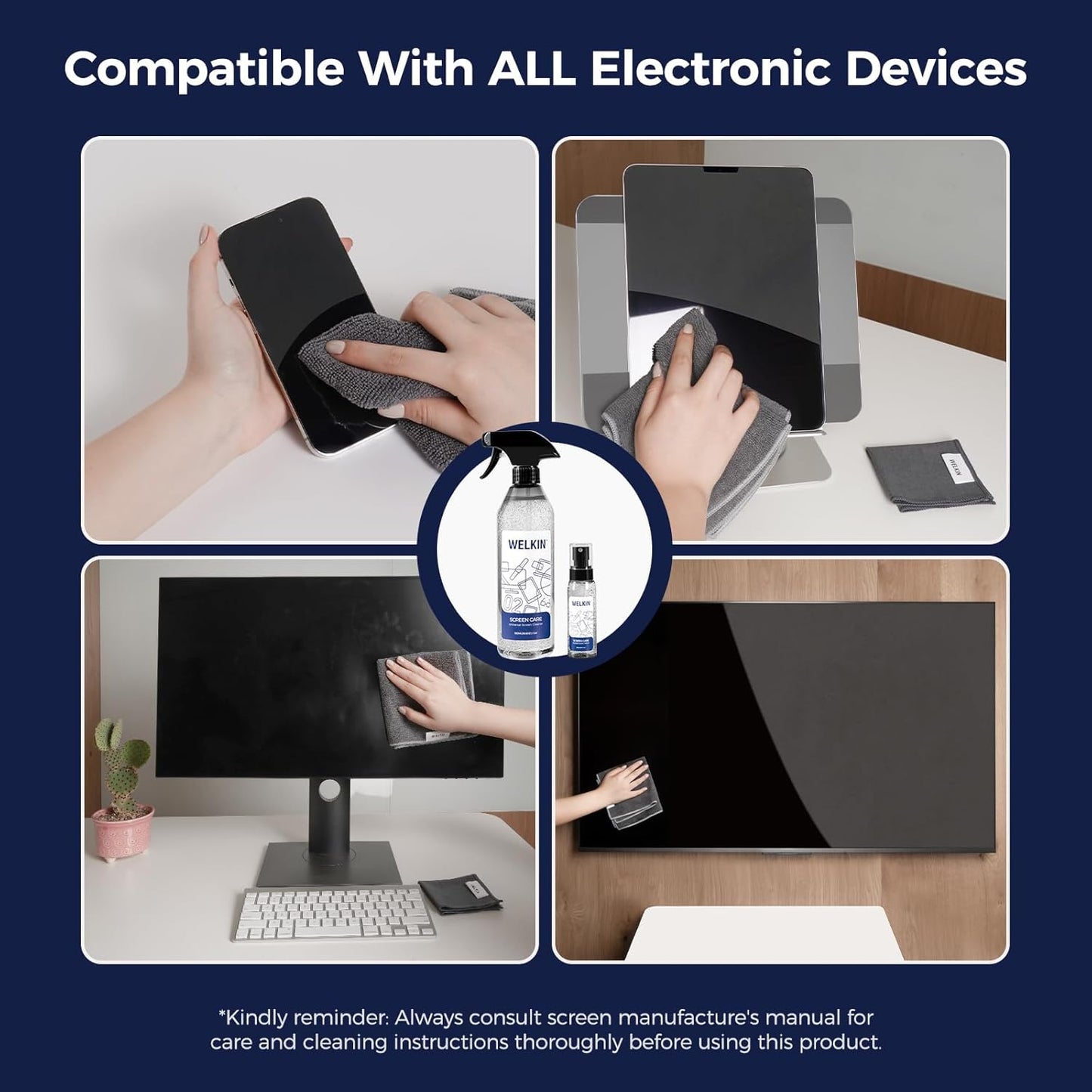 WELKIN Screen Cleaner Spray Kit (550ml + 60ml) - Cleaning Gel for TV, Laptop, Computer, Phone Touchscreen -2 Sprayers,1 Microfiber Cloth & 1 Glass Wipe