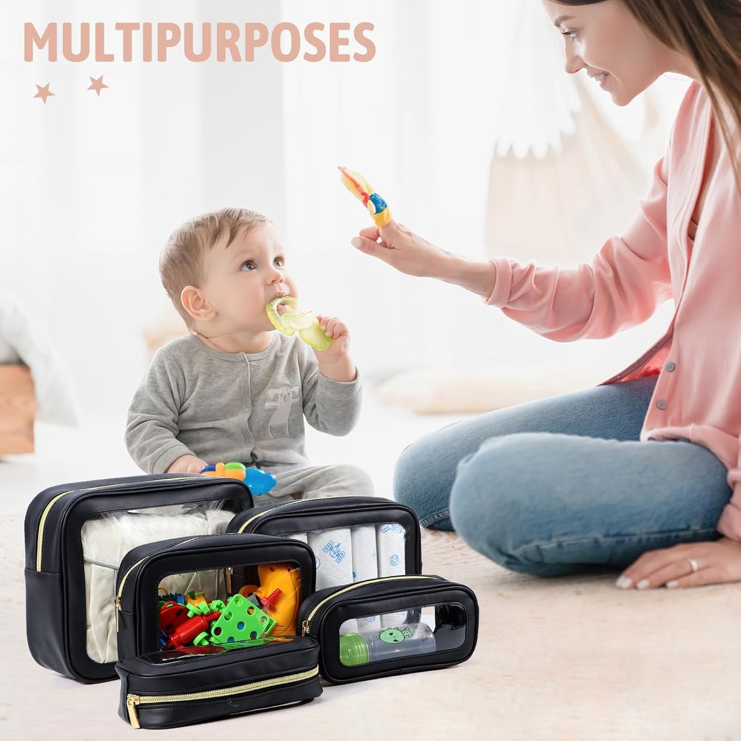 5PCS Diaper Bag Organizer Pouch Set, TSA Approved Toiletry Bag,Clear Waterproof TPU Makeup Bag Set Travel Organizer Bags for Women and Kids